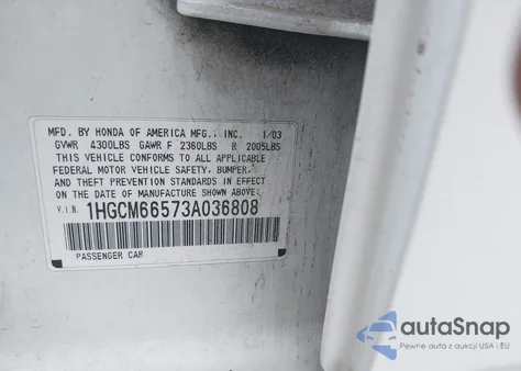 2003 Honda Accord 3.0 Ex from USA, damaged, VIN 1HGCM66573A036808